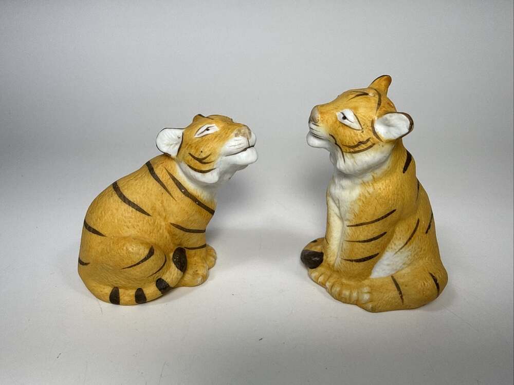 Vtg Franklin Mint Noah's Ark 1987 TIGERS Salt and Pepper Shakers Ceramic G2
